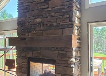 Rustic ledge stone fireplace in Eden Prairie